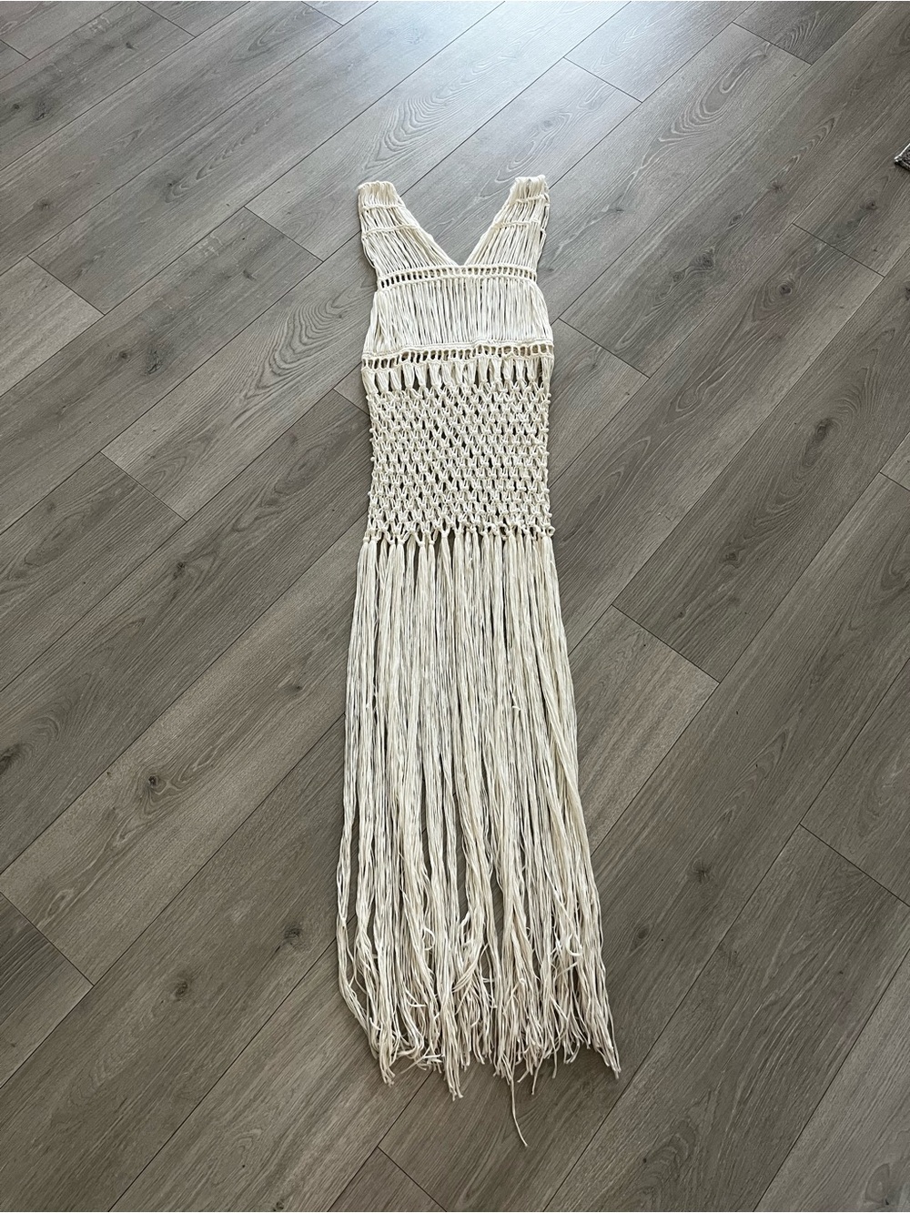 Anthropologie Cream Crochet Fringe Maxi Dress